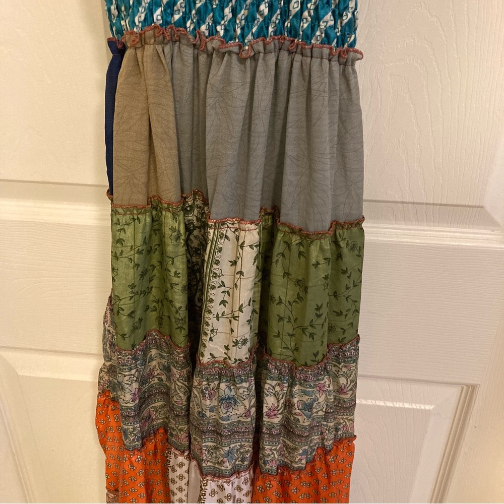 Sans Souci 100% Silk Multitexture Ruffle Boho Patchwork Maxi Dress Size M - Picture 10 of 14